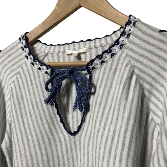 Lisa Todd Striped Knit Sweater Blue Whipstitch Tie Keyhole Neck White Size M - Picture 2 of 12